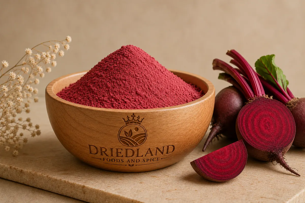 Wooden bowl of deep crimson beetroot powder with fresh beetroots beside it
