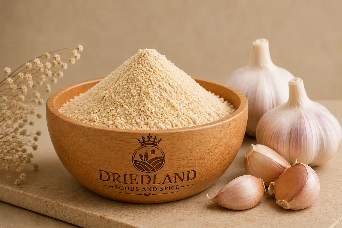 Fine garlic powder in a branded wooden bowl with garlic cloves