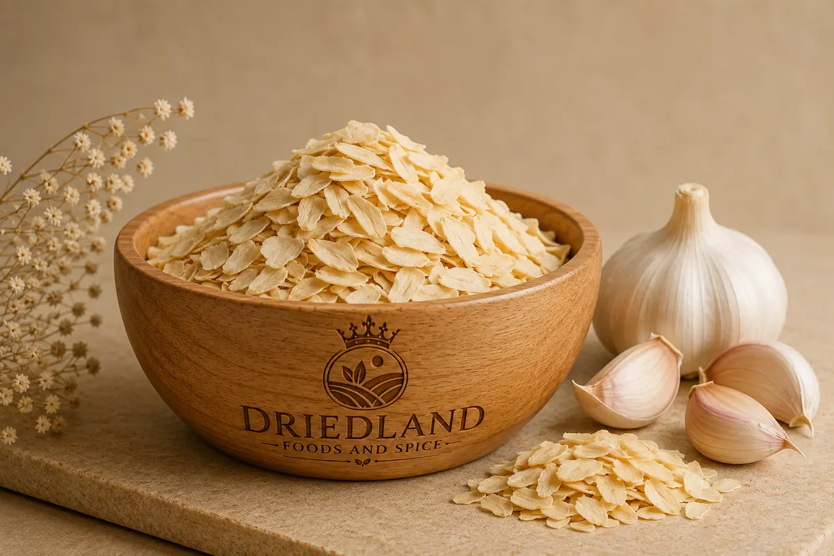Wooden bowl of dehydrated garlic flakes with whole garlic bulbs and cloves beside it
