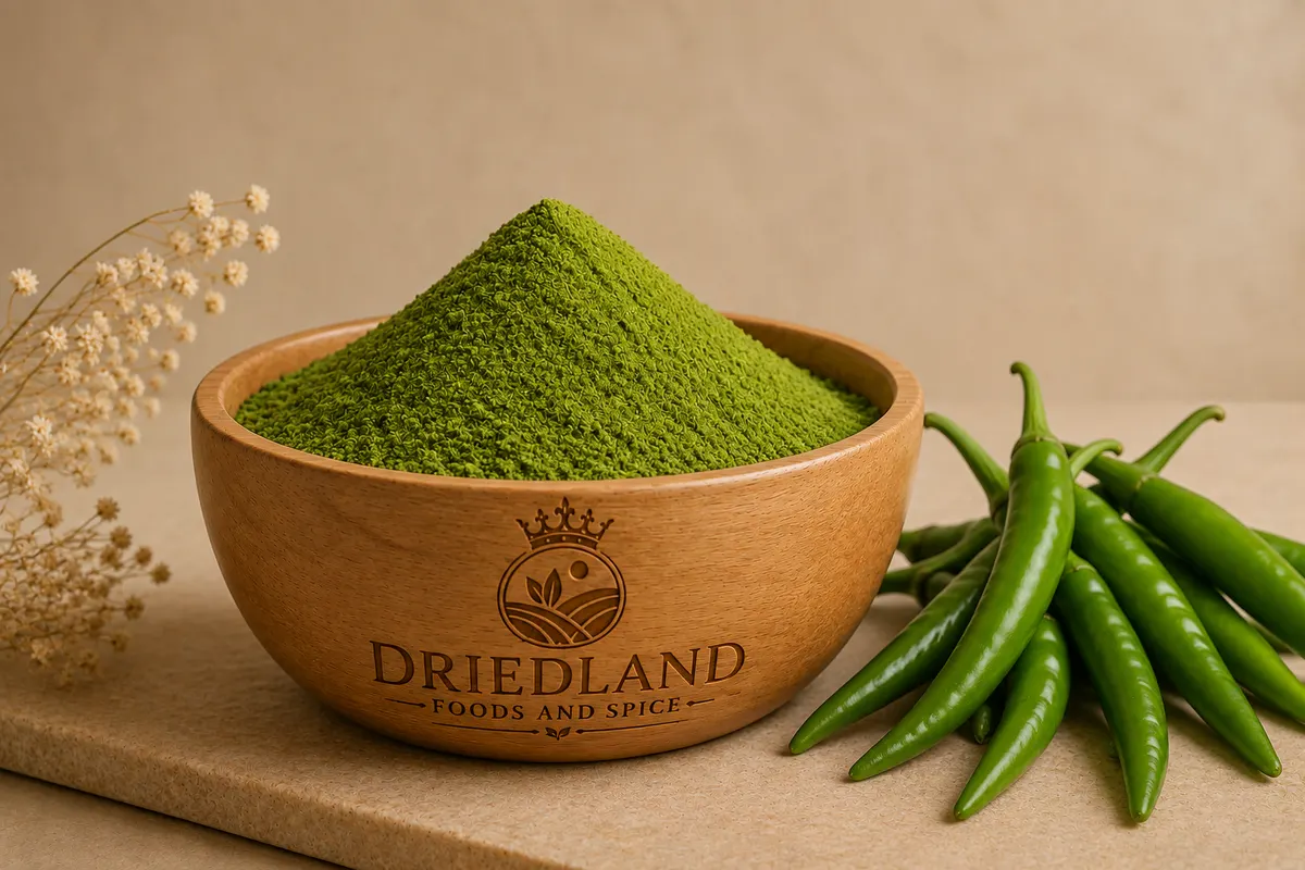 Wooden bowl of green chilli powder with fresh green chillies beside it