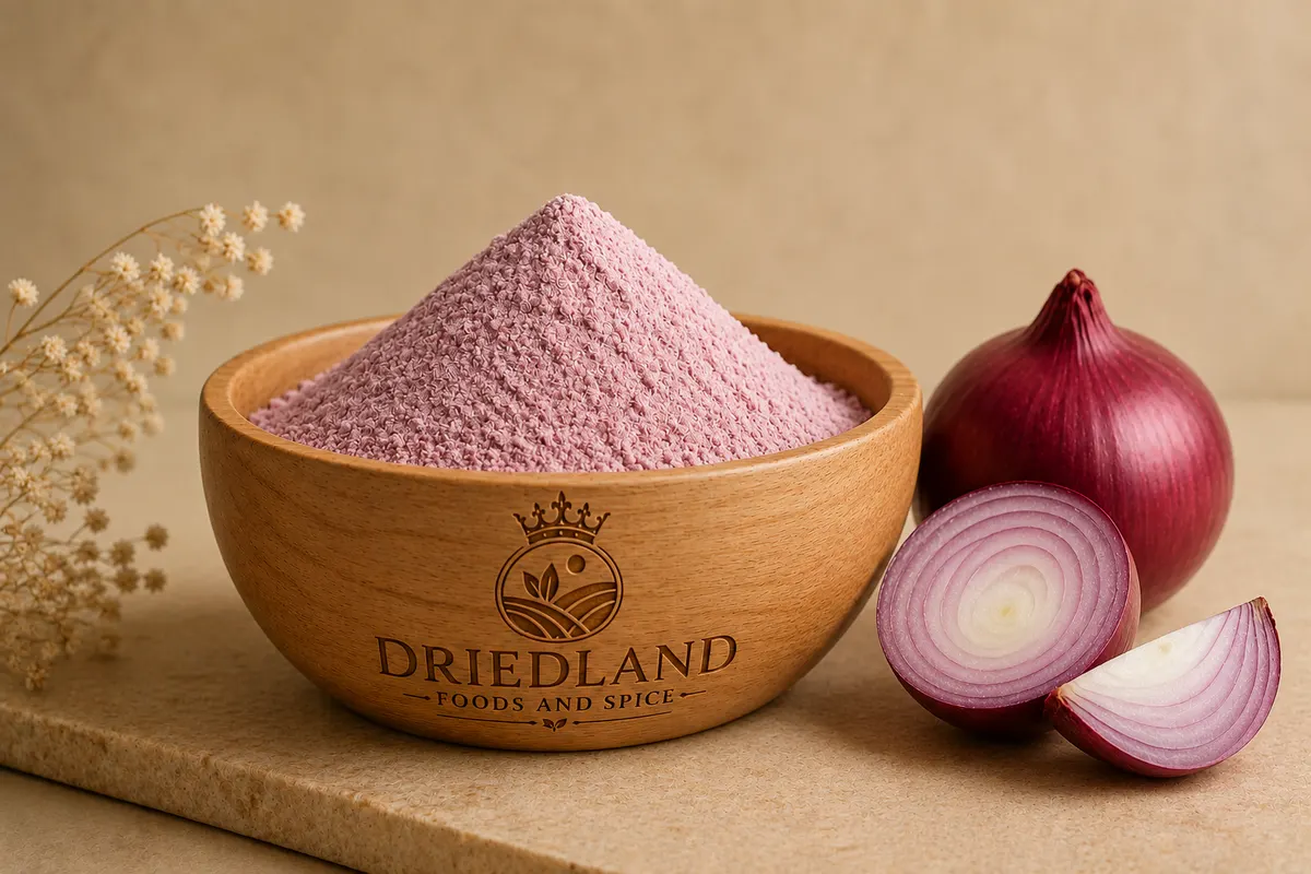 Fine pink onion powder in a branded wooden bowl with sliced pink onion