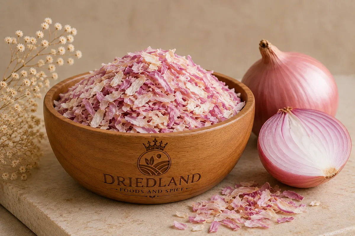 Wooden bowl of pink onion flakes with whole and sliced pink onions beside it