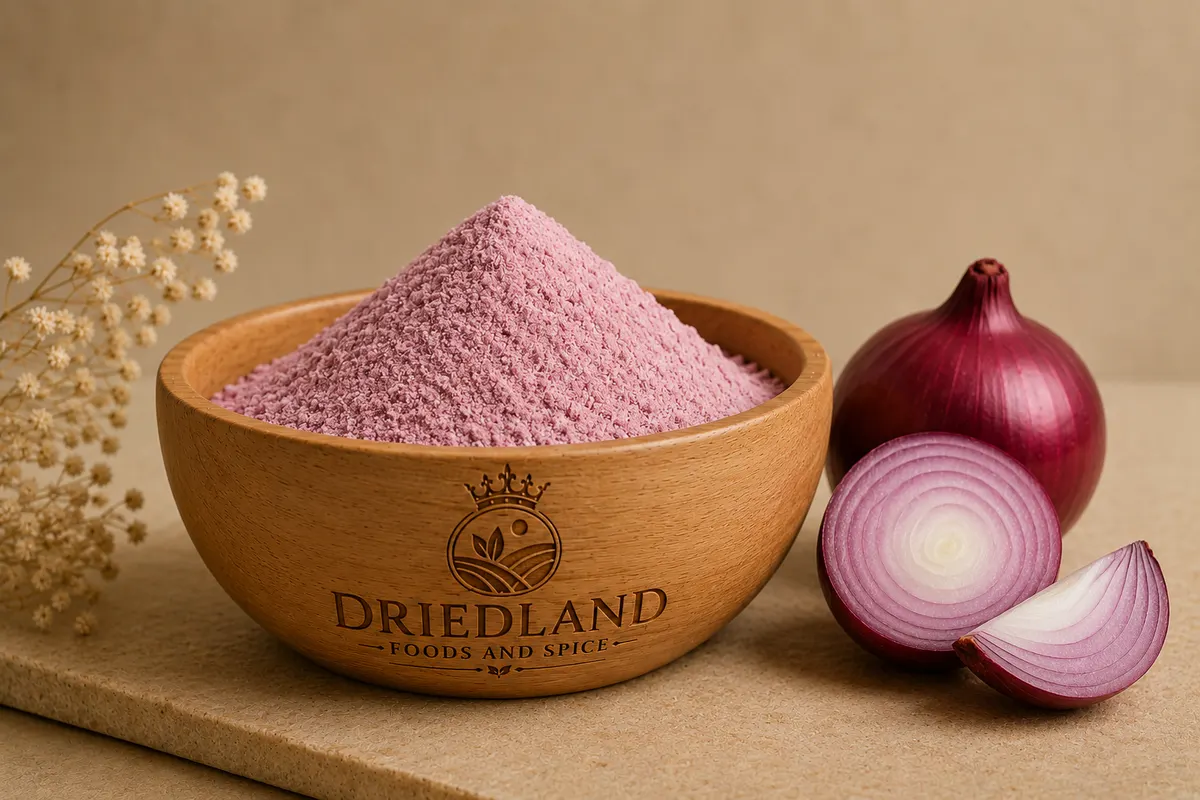 Wooden bowl of red onion powder with whole and halved red onions beside it