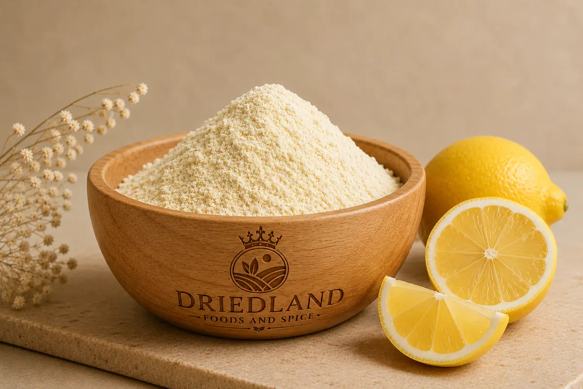 Wooden bowl of pale yellow spray dried lemon powder with fresh lemons beside it