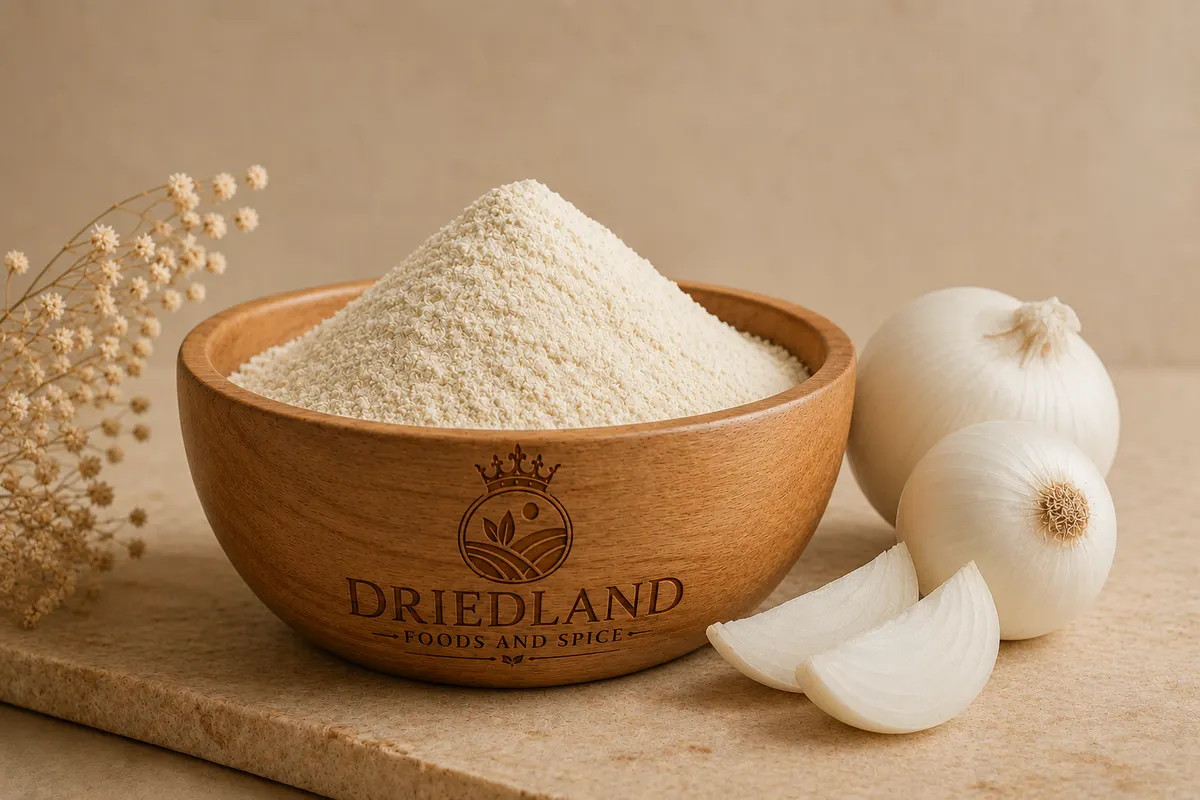 Fine white onion powder in a branded wooden bowl with white onions