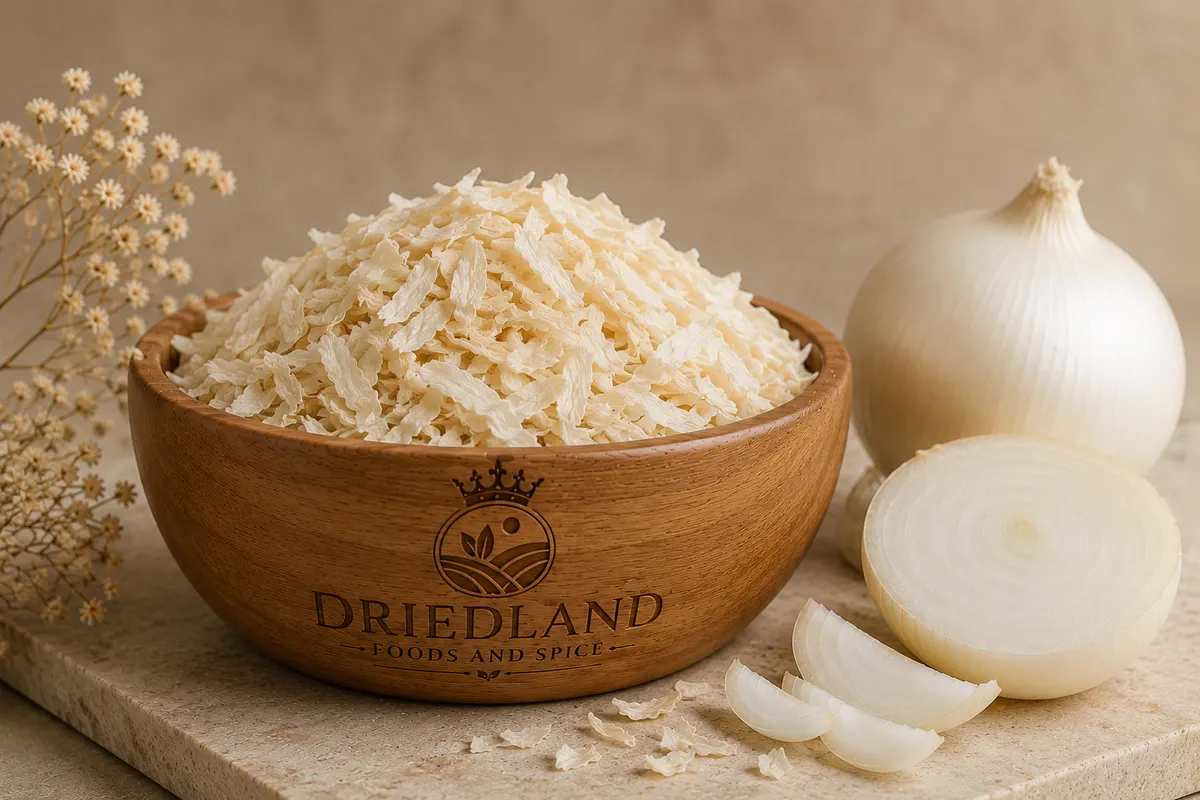 Wooden bowl of white onion flakes with whole and sliced white onions beside it
